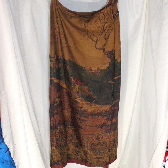 Lauren Ralph Lauren Fox Hunt Country Scene Chestnut Browns Wool Wrap Skirt Sz 12